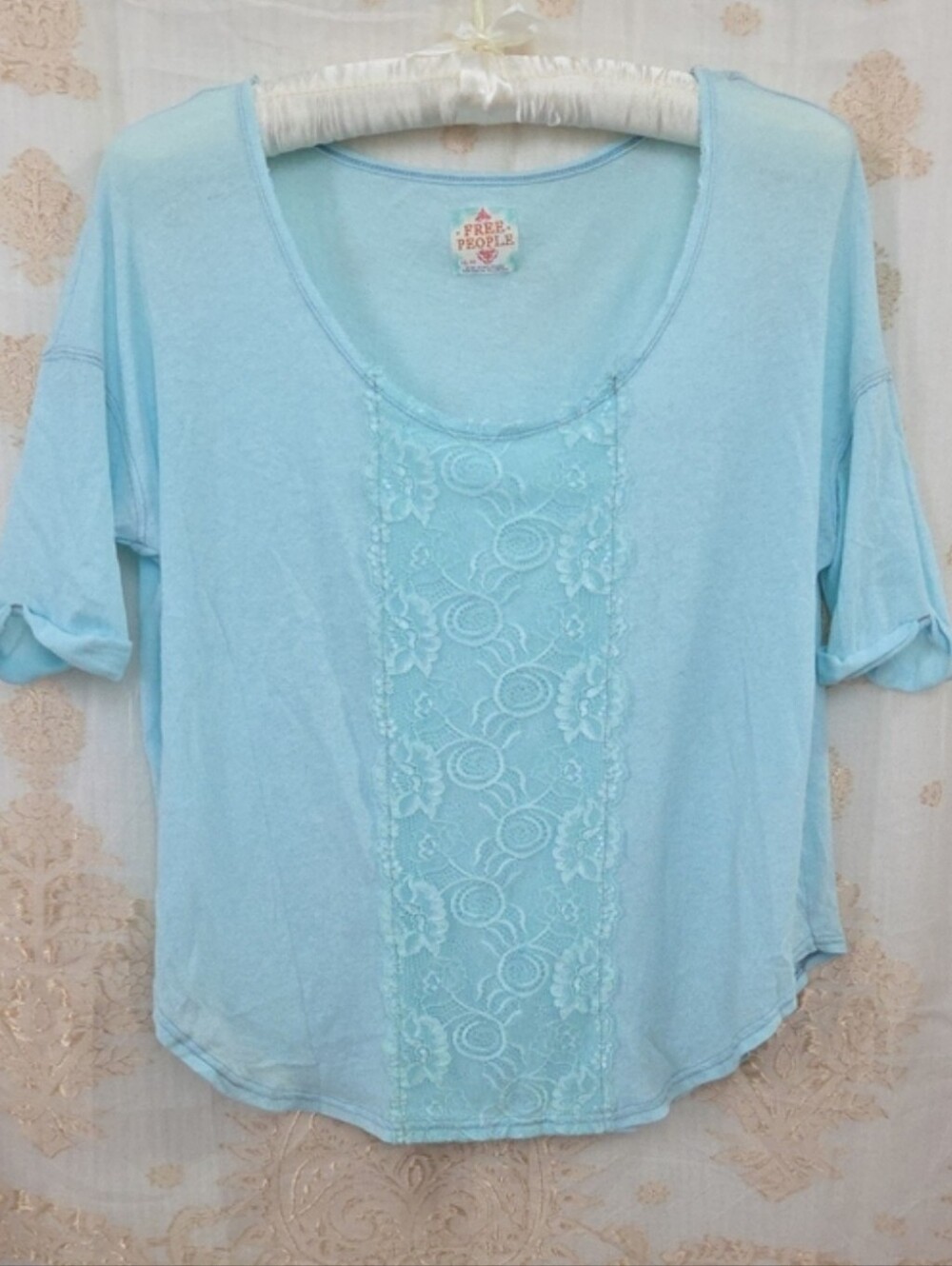 Free People Women's Light Blue Lace Panel Scoop Neck Top
